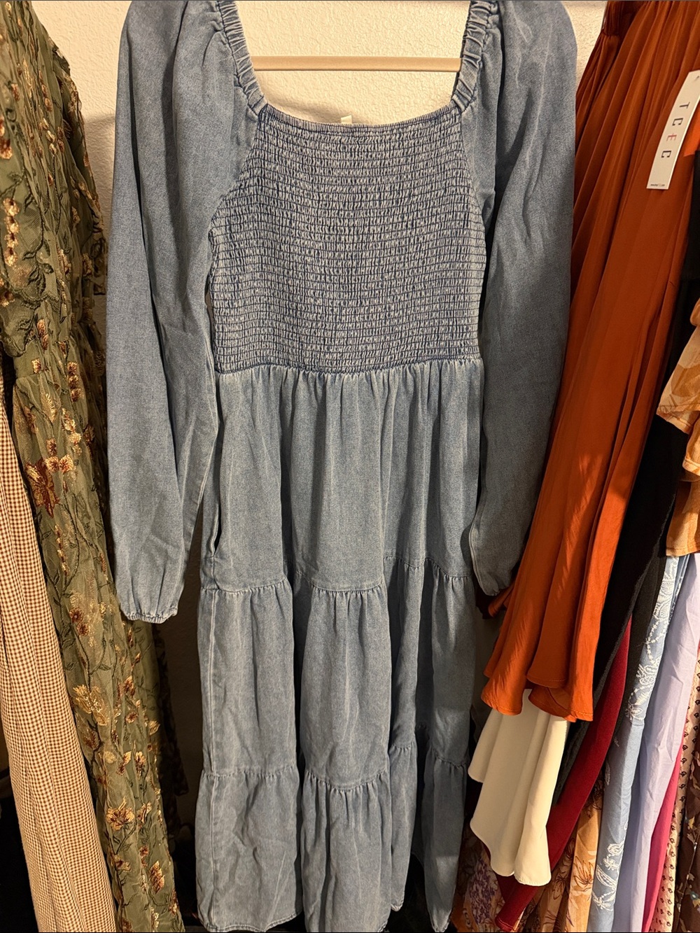 Blue Denim Smocked Maxi Dress